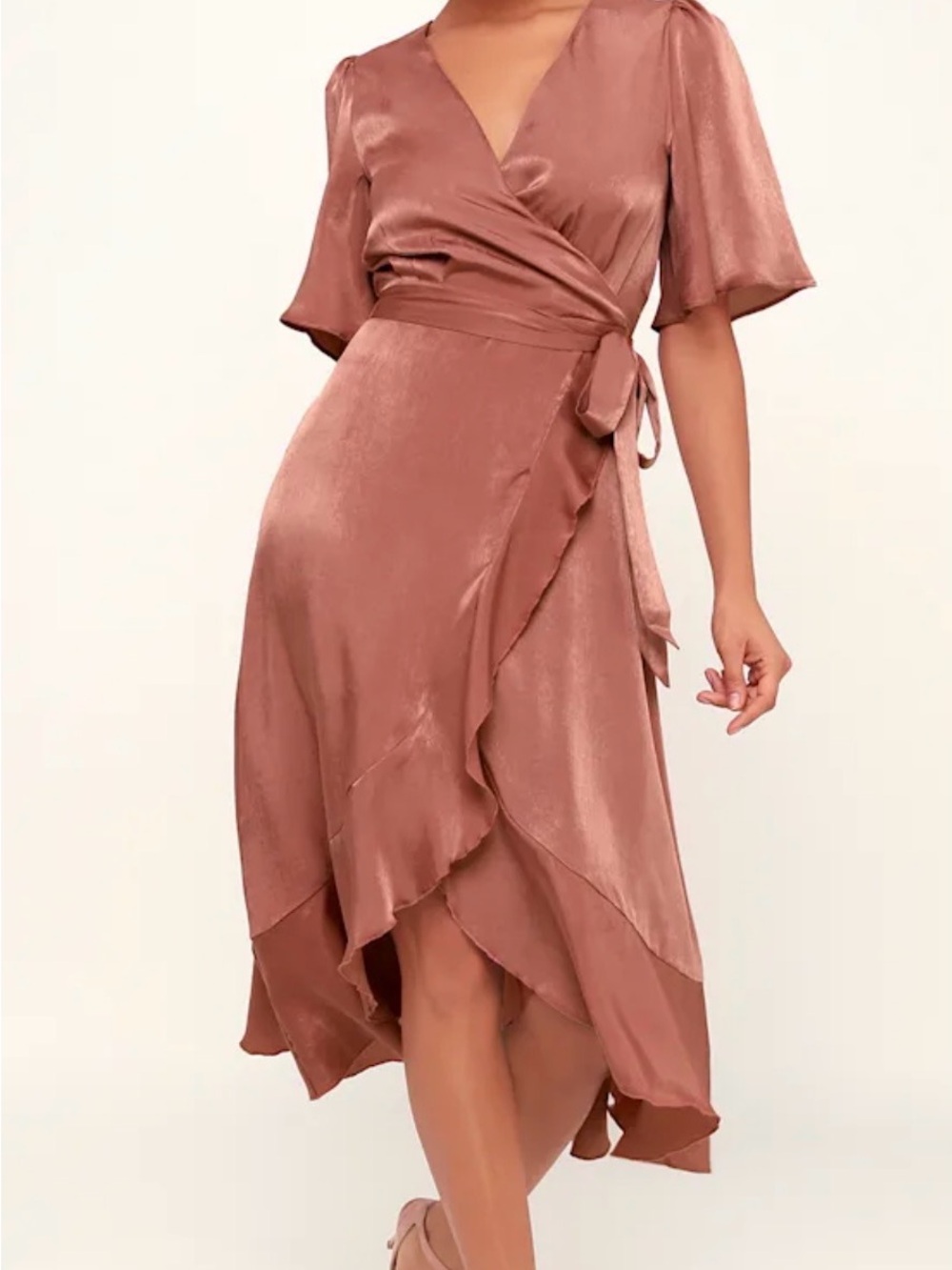 Lulu's Dusty Rust Asymmetrical Wrap Midi Dress